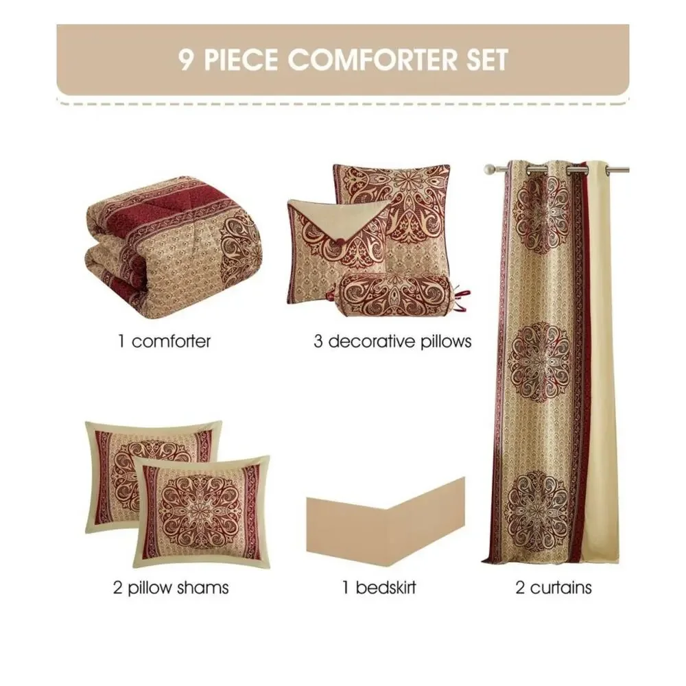 NEW! Nanshing Myhand/Prince 9PC Elegant Medallion Comforter Set Red Gold King